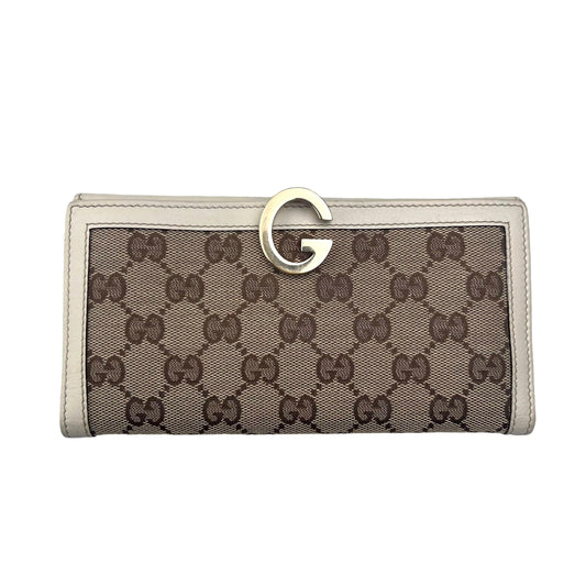 Gucci White/Beige GG Canvas and Leather G Bit Flap Continental Wallet