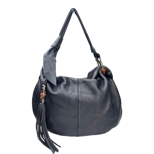 Gucci Miss Bamboo Bucket Black Leather Medium Jungle Hobo