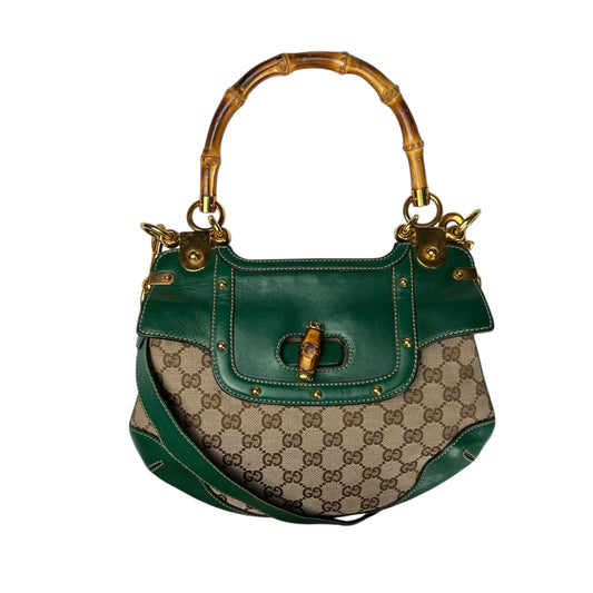 Gucci Beige/Green Canvas and Leather Peggy Bamboo Top Handle Bag