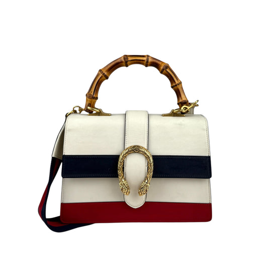 GUCCI Calfskin Bamboo Web Medium Dionysus Top Handle Bag White Blue Hibiscus Red