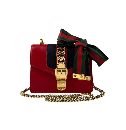 Gucci Sylvie Mini Chain Shoulder Bag Red Leather
