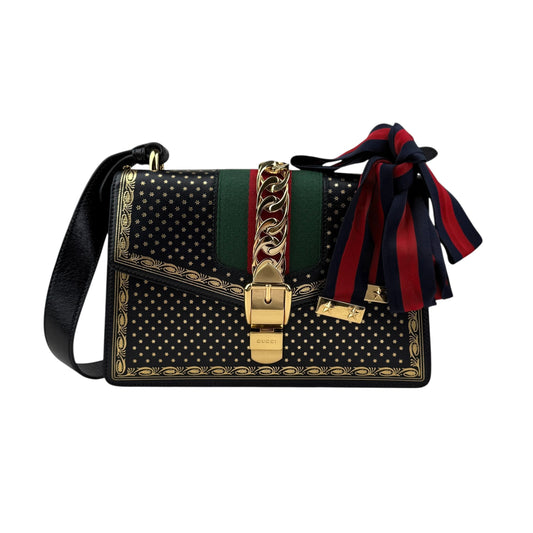 Gucci Sylvie Black Sms Print Leather Shoulder Bag