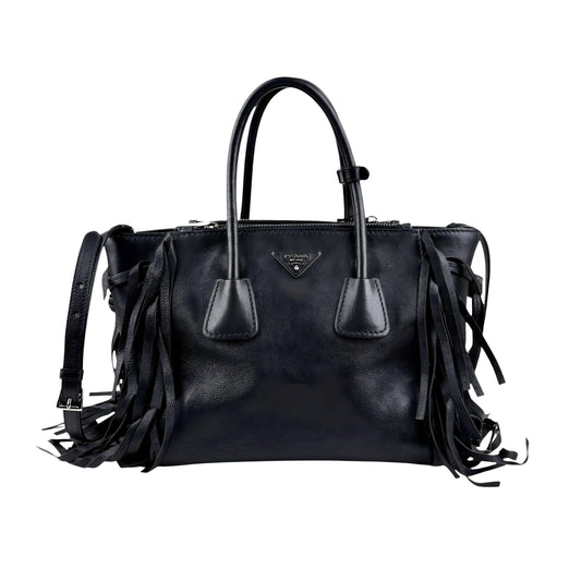 Prada Leather Fringe Twin Pocket Tote Black