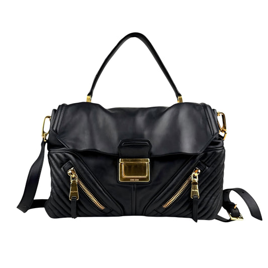 Miu Miu Black Quilted Leather Biker Top Handle Bag