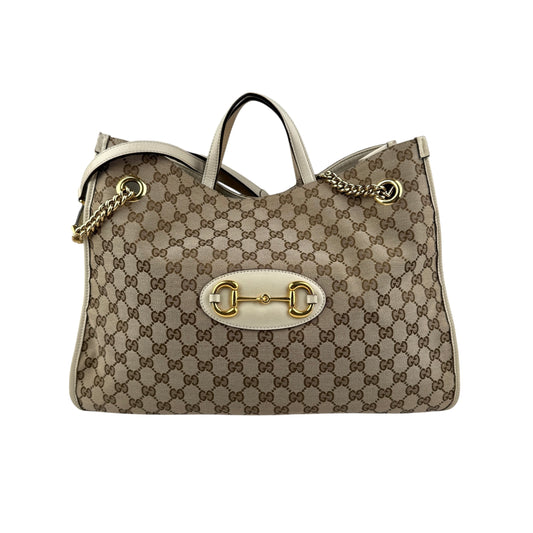 Gucci Brown GG Canvas Horsebit 1955 Tote Beige