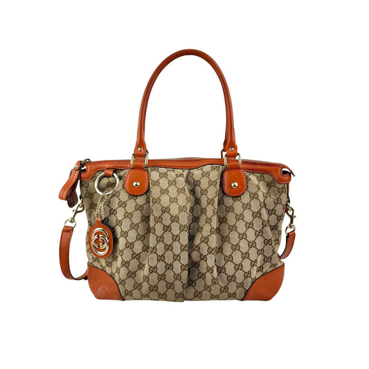 Gucci Beige Monogram Orange Leather Sukey Medium Tote Bag Cloth
