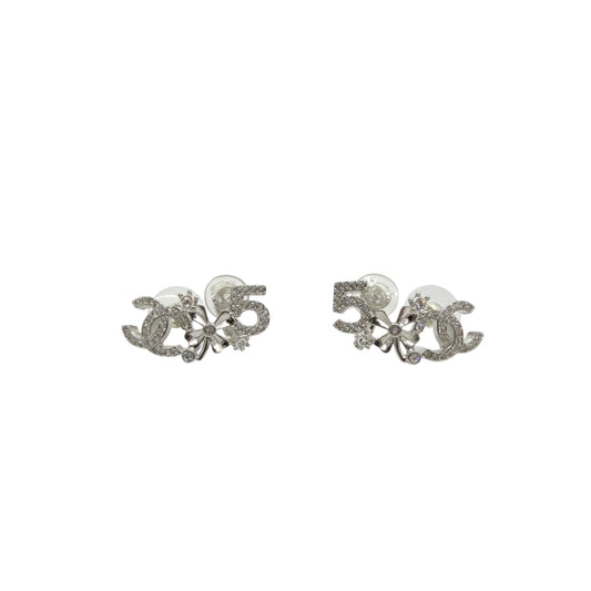 Chanel Silver Metal and Crystal CC No.5 Stud Earrings