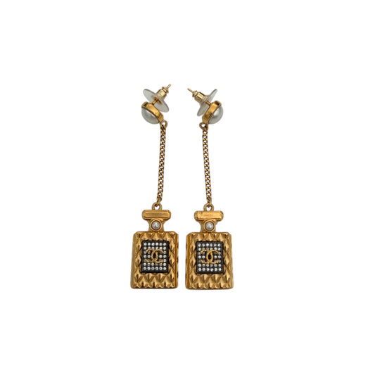Chanel Crystal Pearl CC Perfume Bottle Chain Drop Earrings Gold