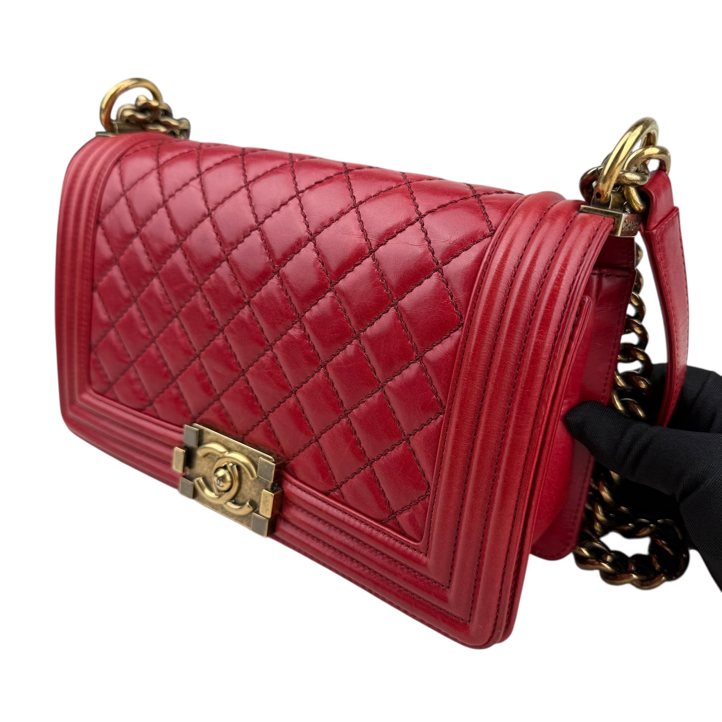 Chanel Boy Chanel Matelasse Chain Flap Shoulder Bag Leather Red Chanel Boy Chanel Matelasse Chain Flap Shoulder Bag Leather Red