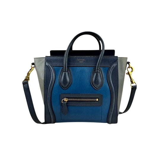 Celine Luggage medium model handbag in blue, dark blue and grey tricolor leather