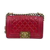 Chanel Red Leather Quilted Medium Boy Bag Flap w/ Gold Chain