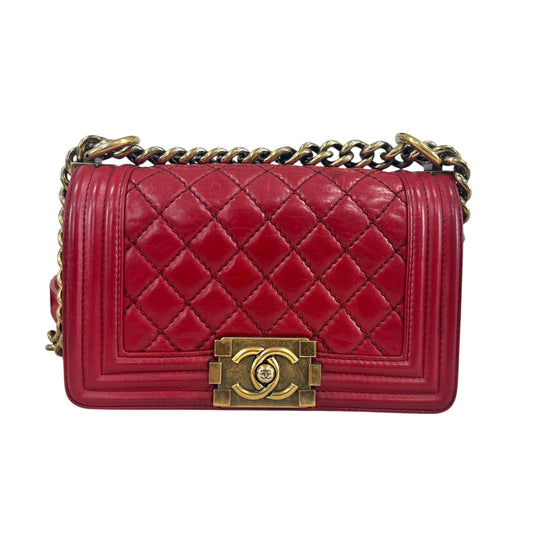 Chanel Red Leather Quilted Medium Boy Bag Flap w/ Gold Chain