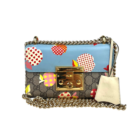 Gucci 2-WAY BAG GG SUPREME APPLE PRINT GG BROWN/BEIGE/BLUE Padlock