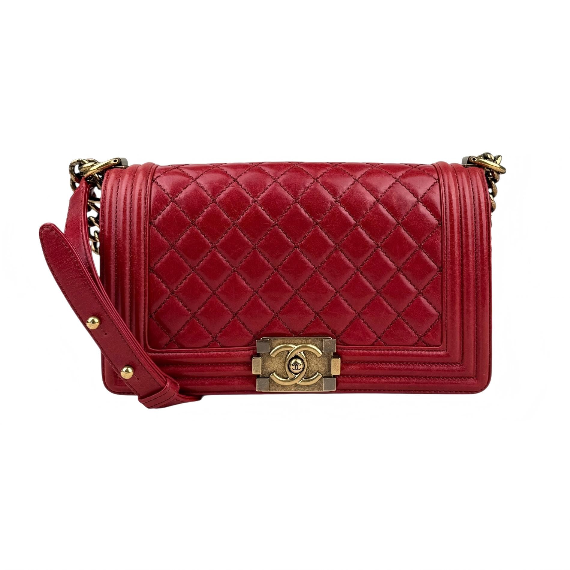 Chanel Boy Chanel Matelasse Chain Flap Shoulder Bag Leather Red Chanel Boy Chanel Matelasse Chain Flap Shoulder Bag Leather Red