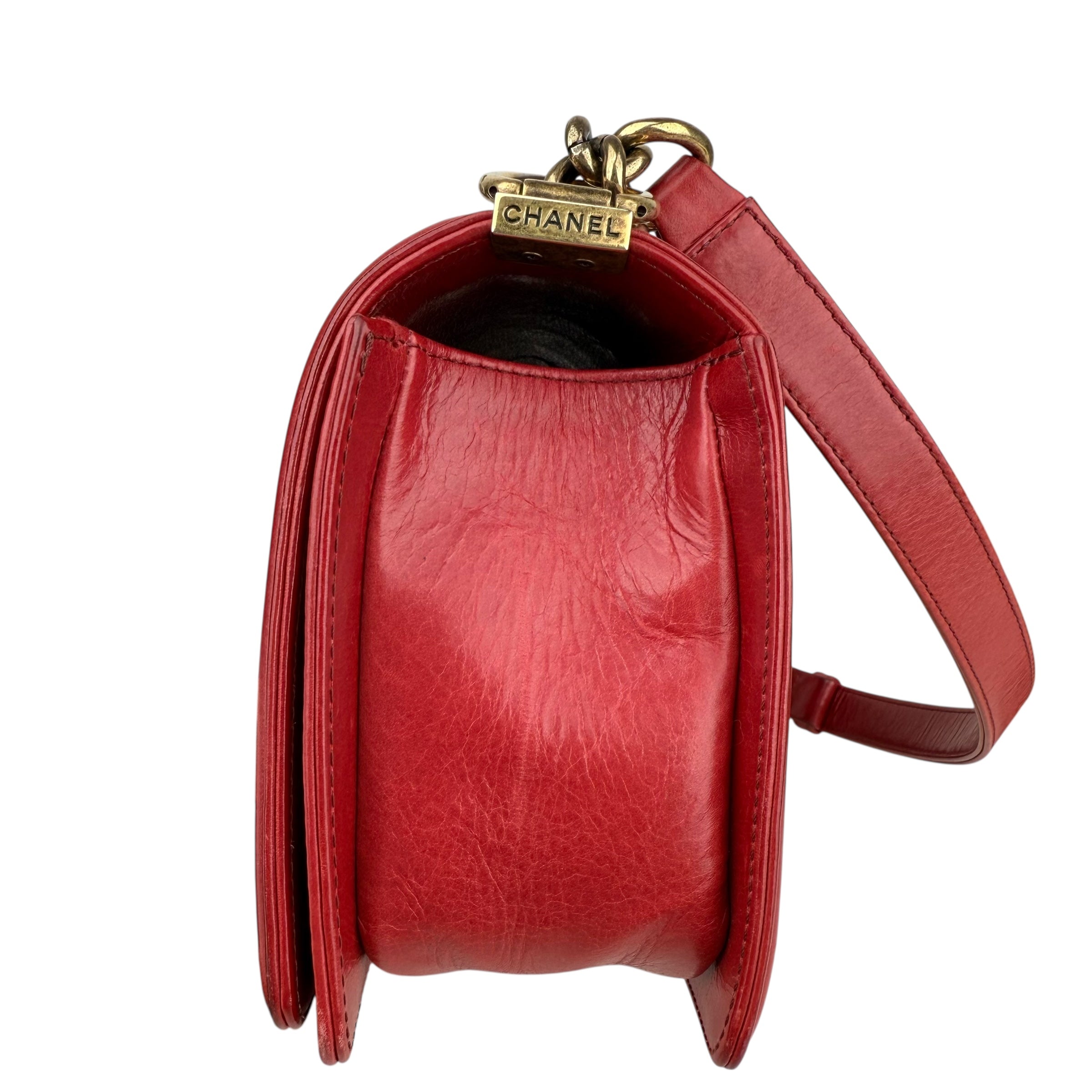 Chanel Boy Chanel Matelasse Chain Flap Shoulder Bag Leather Red Chanel Boy Chanel Matelasse Chain Flap Shoulder Bag Leather Red