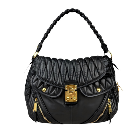 Miu Miu Nappa Matelasse Biker Coffer Leather Top Handle Bag Black
