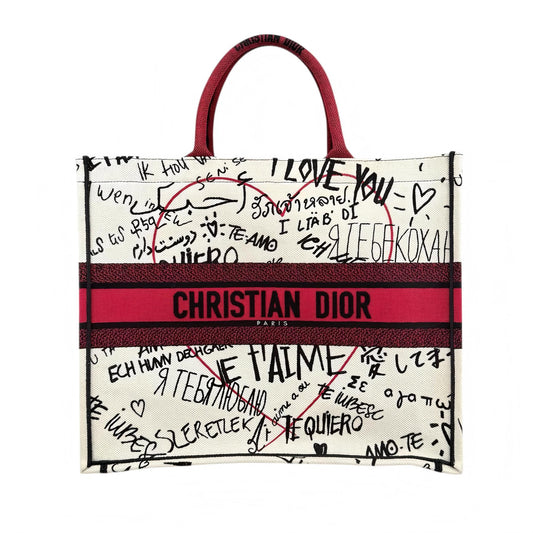 Dior White and Red Embroidered Canvas Dioramour Graffiti Book Tote