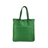 bottega veneta green leather intrecciato tote bag with eyelet handles front