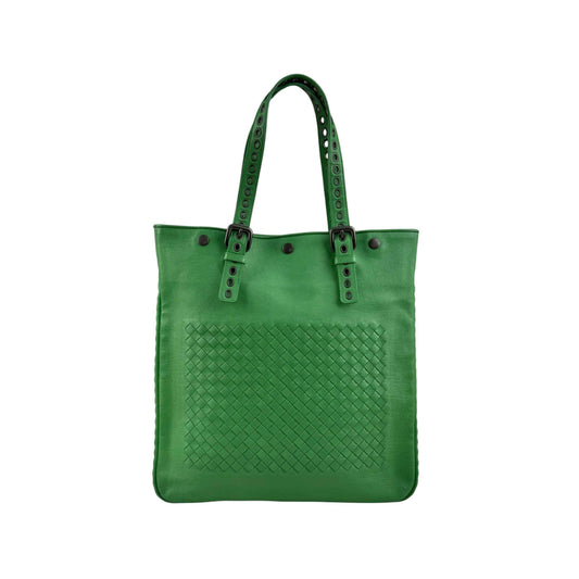 bottega veneta green leather intrecciato tote bag with eyelet handles front