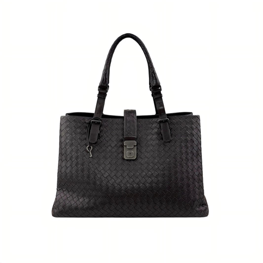 bottega veneta roma intrecciato leather tote padlock front