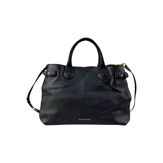 Burberry Black Grain Calf Leather House Check Medium Banner Tote Bag