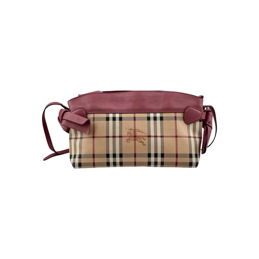 Burberry Haymarket Check Coated Canvas Pink Leather Bow Tie Crossbody Bag