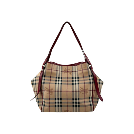 Burberry Red Leather Haymarket Check Coated Canvas Large Canterbury Tote Bag