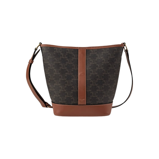 Celine Tan Calfskin Triomphe Canvas Bucket Bag