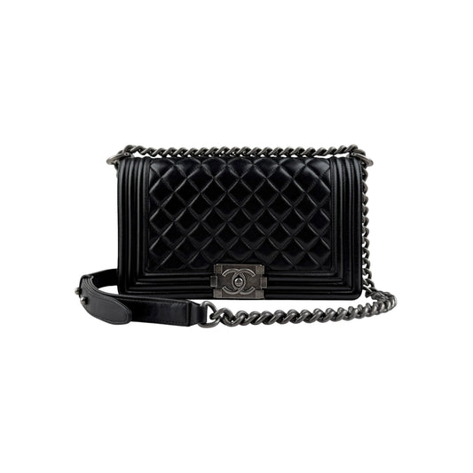 Chanel Black Quilted Lambskin Leather Medium Boy Bag