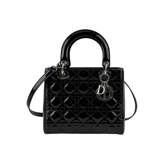 Christian Dior Black Cannage Quilted Patent Leather Lady Dior Bag