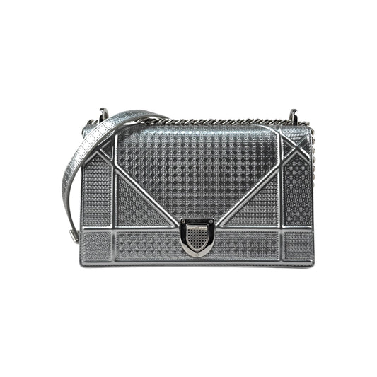 Christian Dior Silver Metallic Leather Micro Cannage Medium Diorama Bag