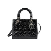 christian dior black cannage quilted patent leather lady dior bag front