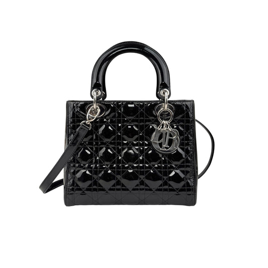 christian dior black cannage quilted patent leather lady dior bag front
