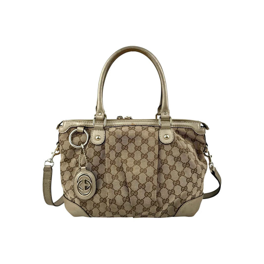 Gucci Beige Gold GG Canvas Sukey Top Handle Bag