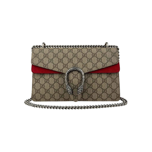 Gucci GG Supreme Monogram Suede Dionysus Shoulder Bag Beige Ebony Vulcanic Red