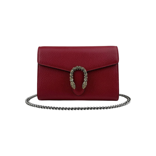 Gucci Red Pebbled Leather Dionysus Mini Wallet on Chain Bag