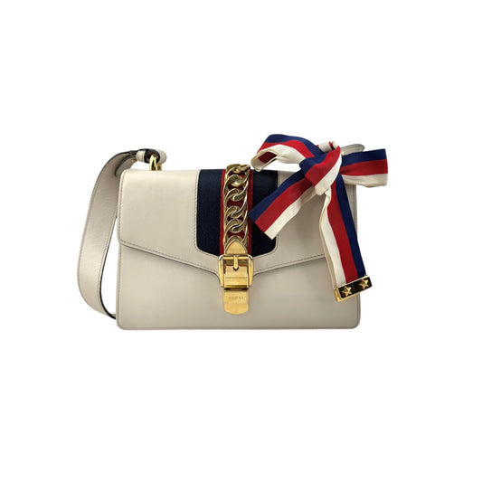 gucci sylvie white calfskin leather shoulder bag front