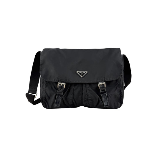 Prada Black Vela Nylon Buckle Messenger Bag