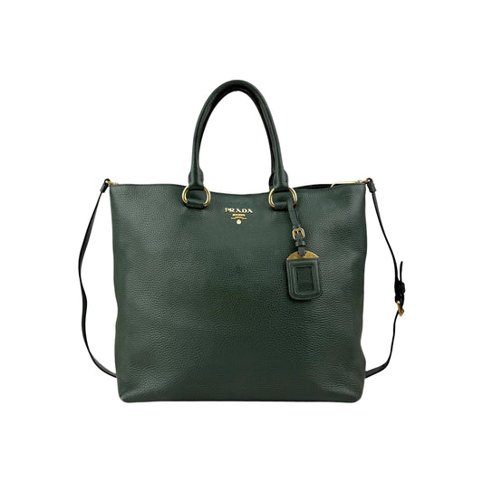 Prada Green Vitello Daino Leather Large Shopping Tote Bag