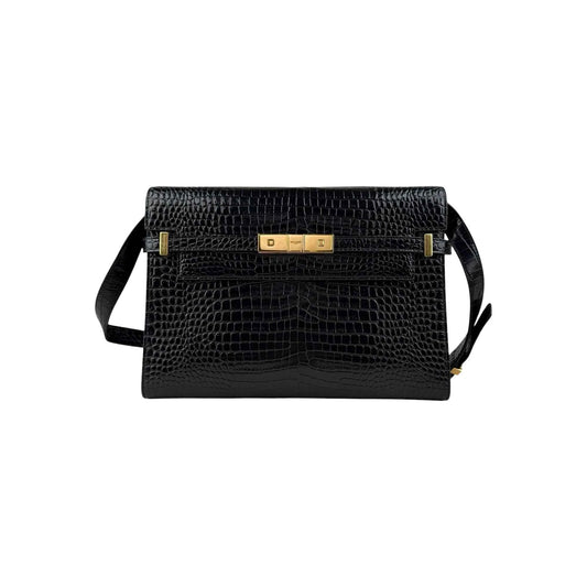 Saint Laurent Black Crocodile Embossed Patent Leather Manhattan Small Flap Bag