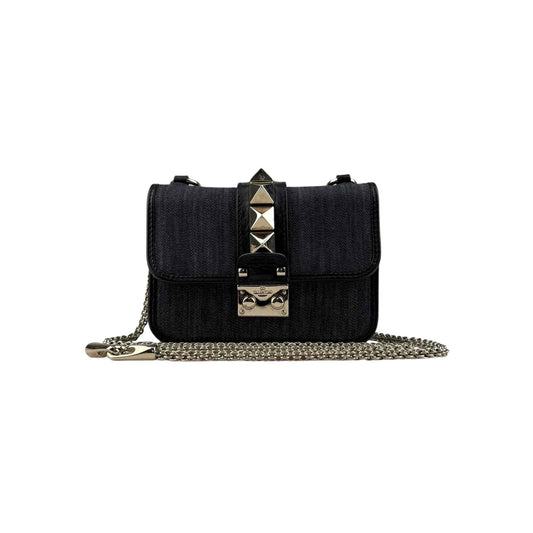 Valentino Black Denim and Leather Rockstud Glam Lock Flap Bag