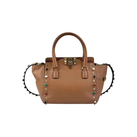 Valentino Brown Leather Rockstud Double Handle Tote Bag
