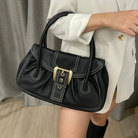 Celine  Black Leather Buckle Satchel