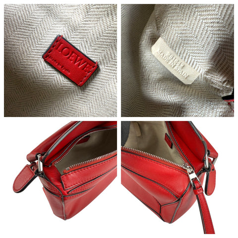 Loewe Red Pebbled Calfskin Leather Mini Puzzle Bag