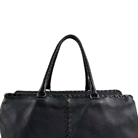 Bottega Veneta Black Intrecciato Trim Leather Tote