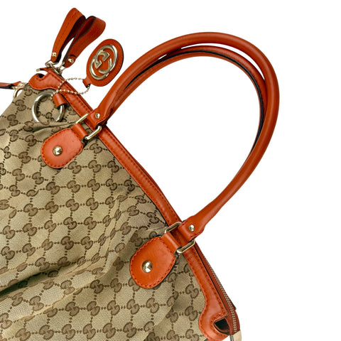 Pre-owned Gucci Beige Monogram Orange Leather Sukey Medium Tote Bag Cloth