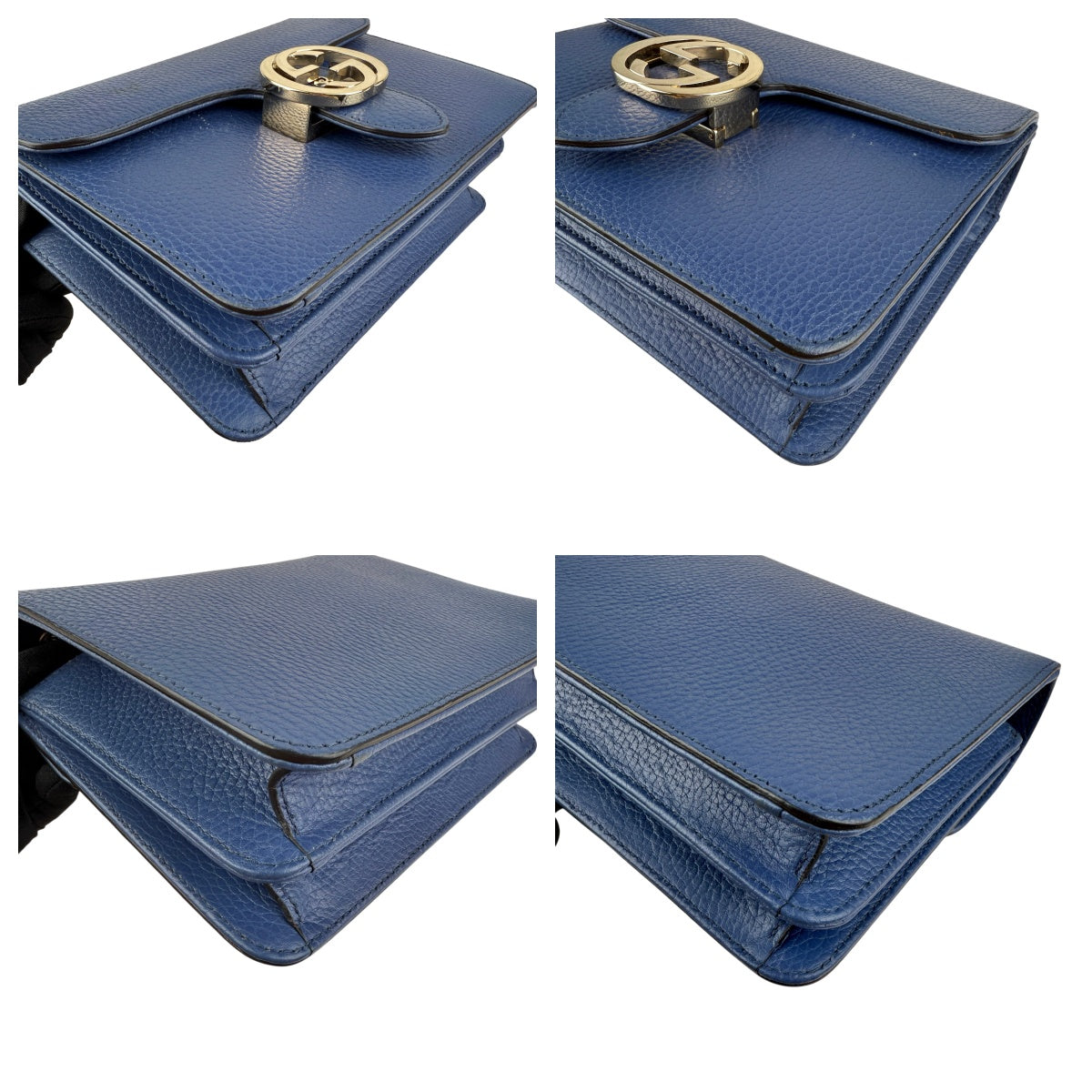 Pre-owned gucci-blue-leather-medium-interlocking-gg-shoulder-bag-front