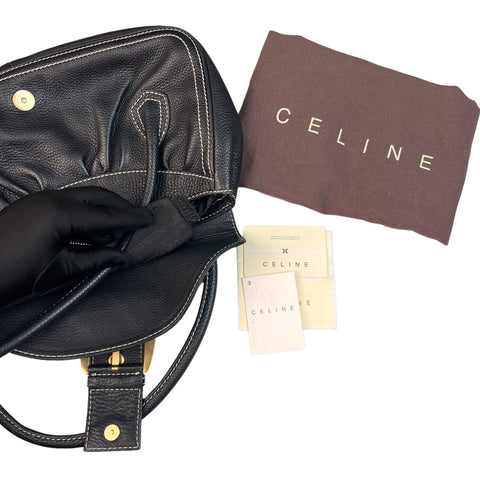 Celine  Black Leather Buckle Satchel