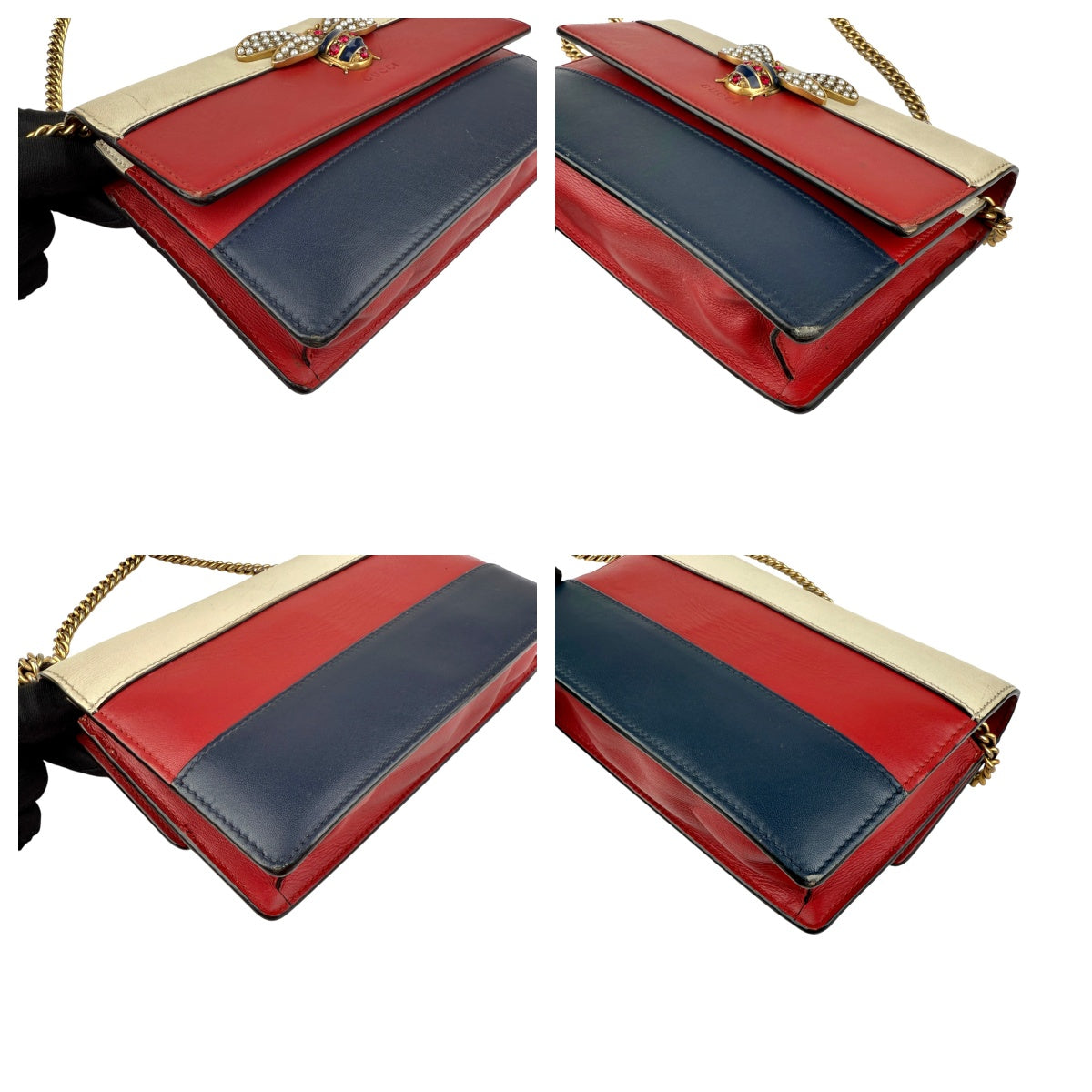 Pre-owned Gucci Calfskin Queen Margaret Chain Wallet Blue Agata Hibiscus Red Mystic White