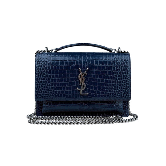 Saint Laurent Blue Crocodile Embossed Leather Sunset Wallet on Chain Bag